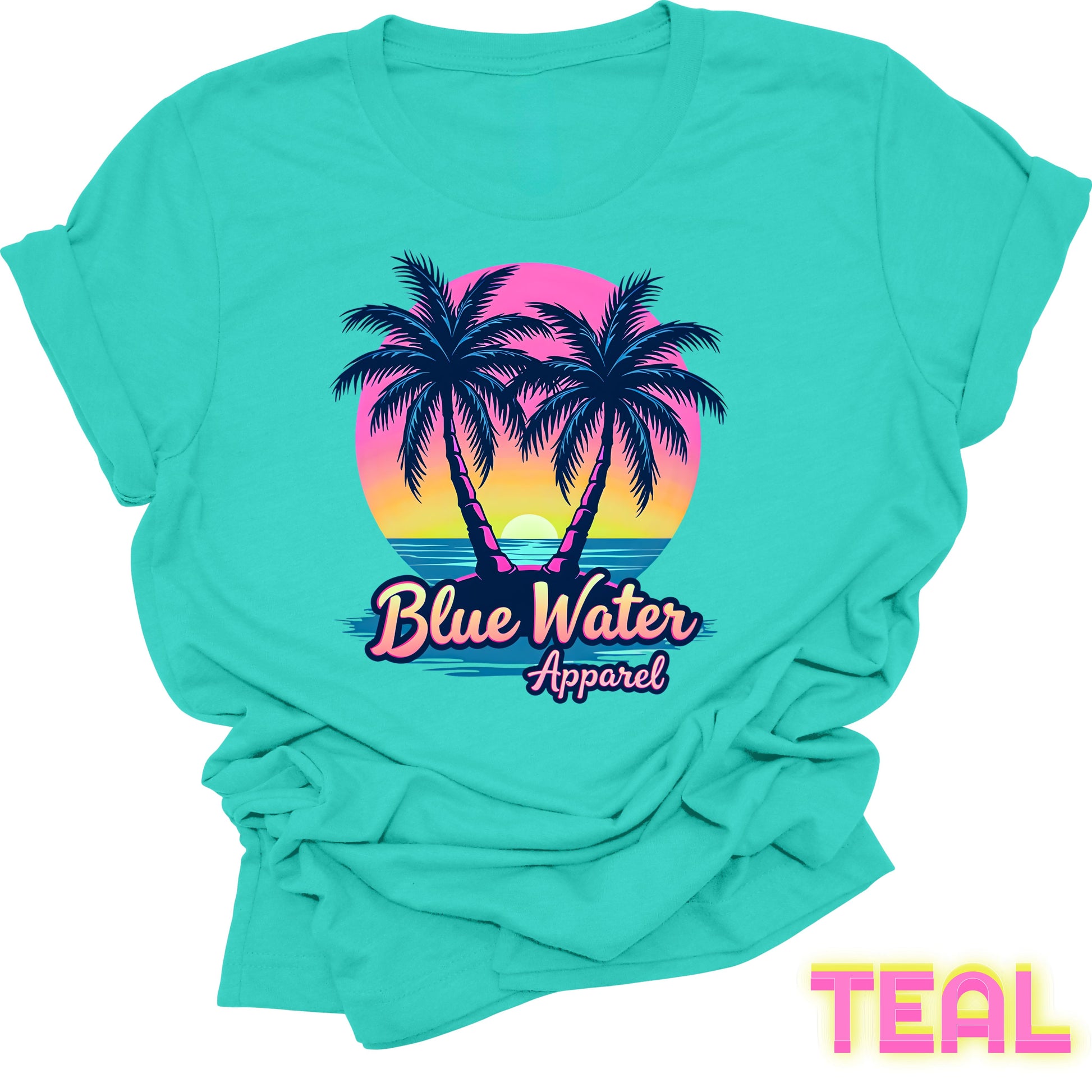 flat lay front graphic teal neon tropics tee by blue water apparel