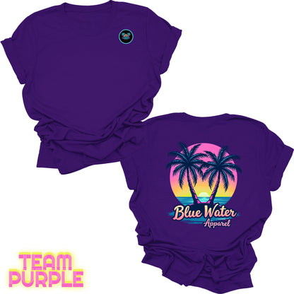 flat lay back graphic team purple neon tropics tee by blue water apparel