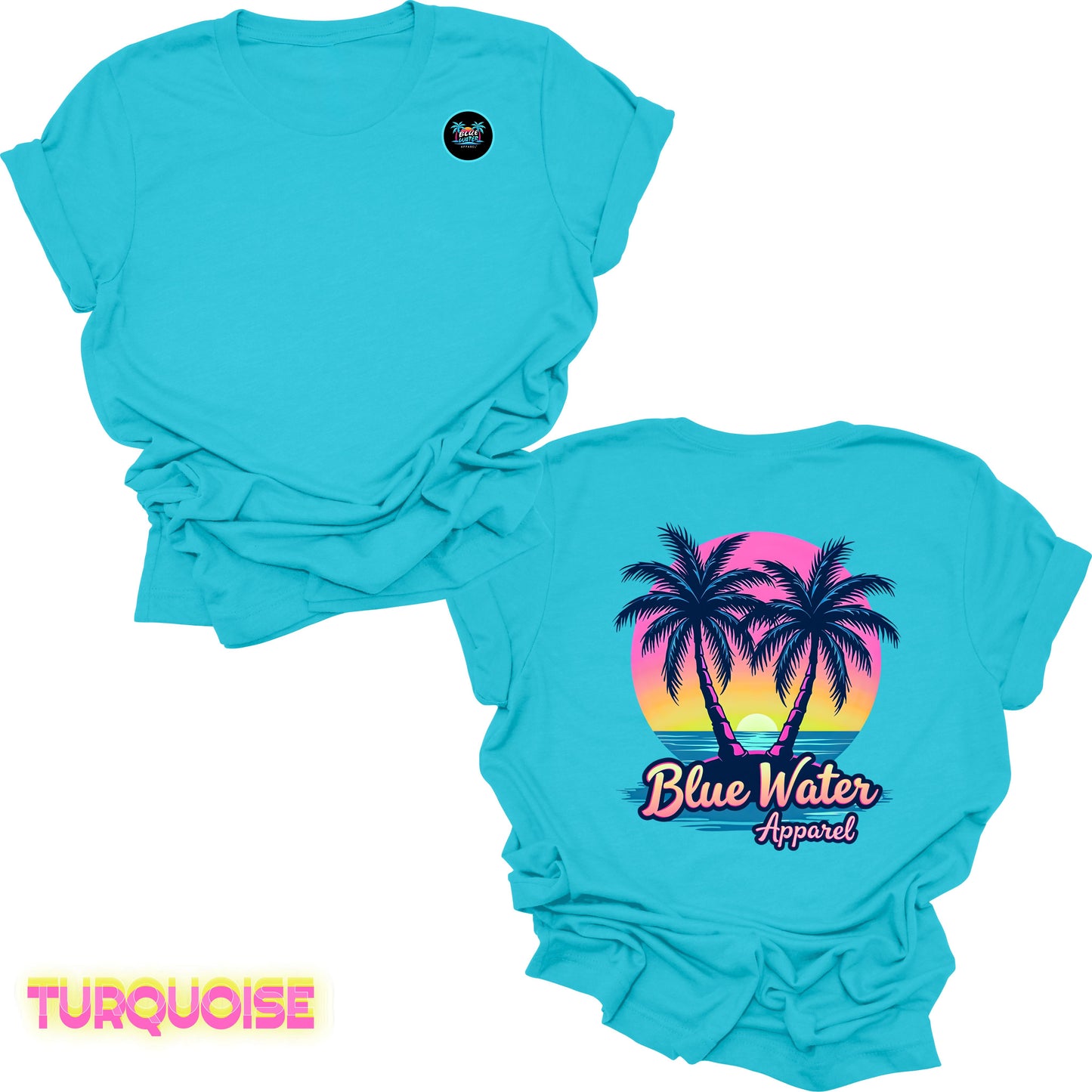 flat lay back graphic turquoise neon tropics tee by blue water apparel