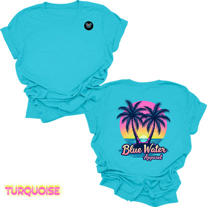 flat lay back graphic turquoise neon tropics tee by blue water apparel