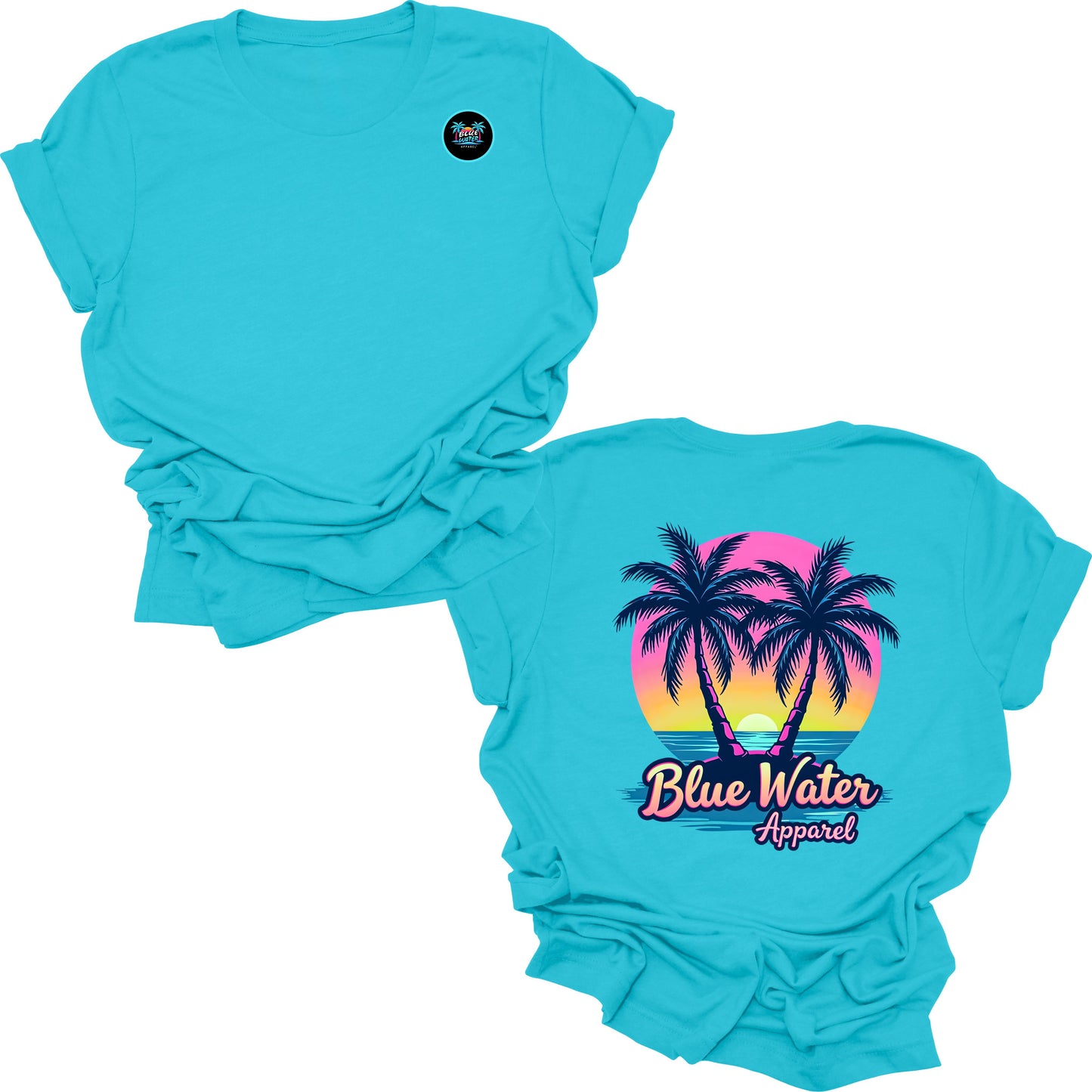flat lay turquoise neon tropics tee by blue water apparel