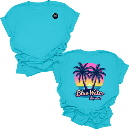 flat lay turquoise neon tropics tee by blue water apparel