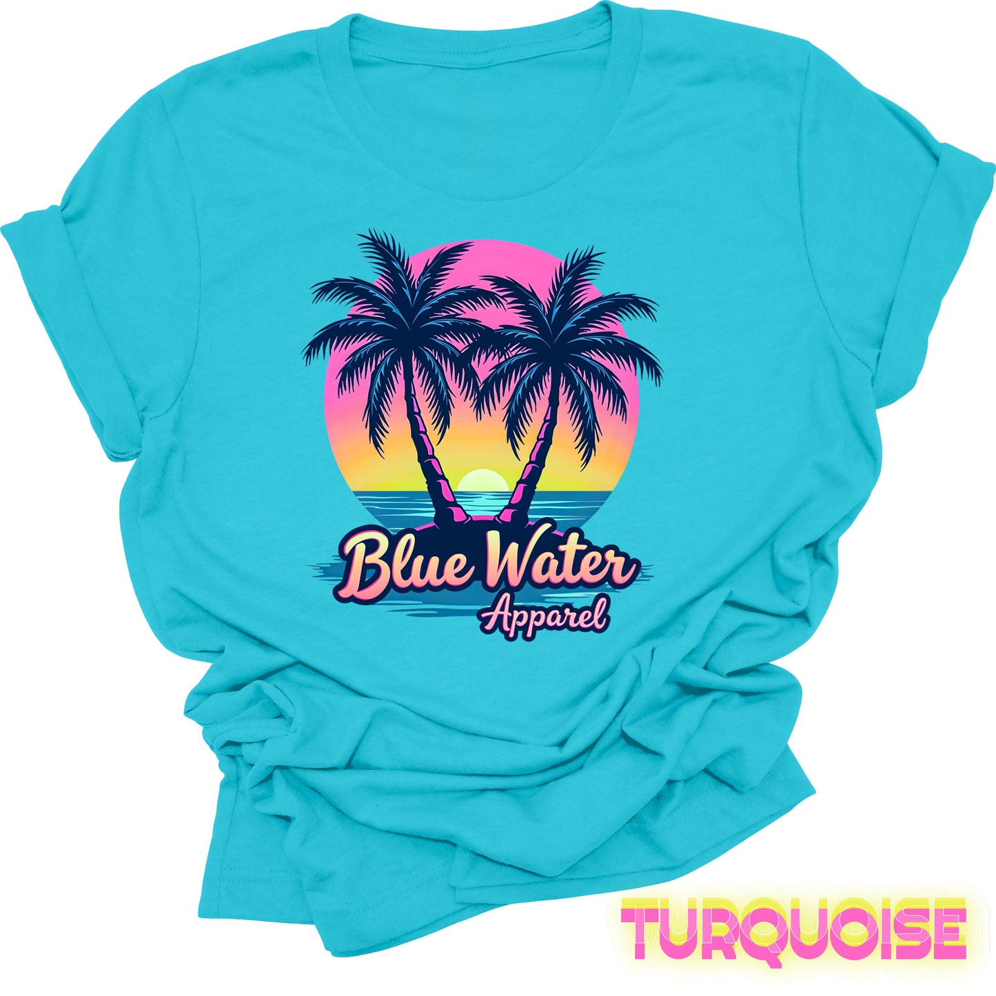 flat lay front graphic turquoise neon tropics tee by blue water apparel