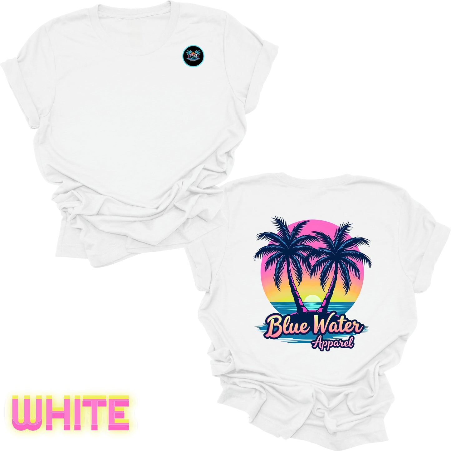 flat lay back graphic white neon tropics tee by blue water apparel