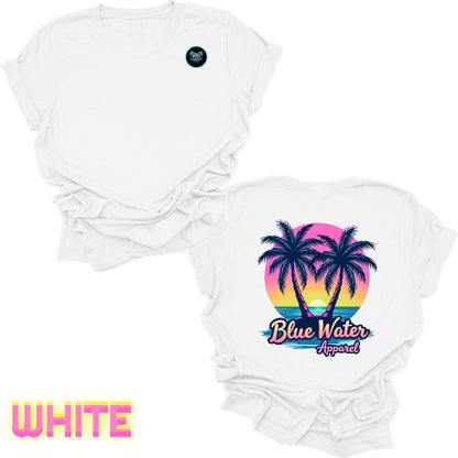 flat lay back graphic white neon tropics tee by blue water apparel