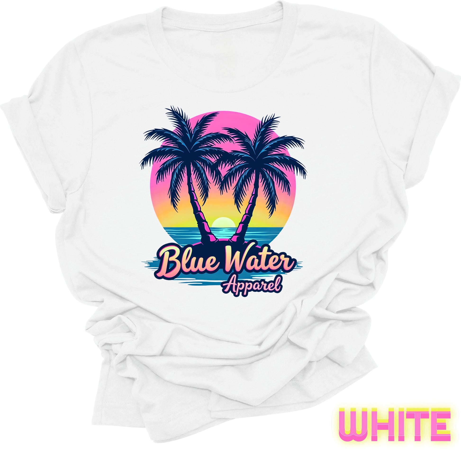 flat lay front graphic white neon tropics tee by blue water apparel