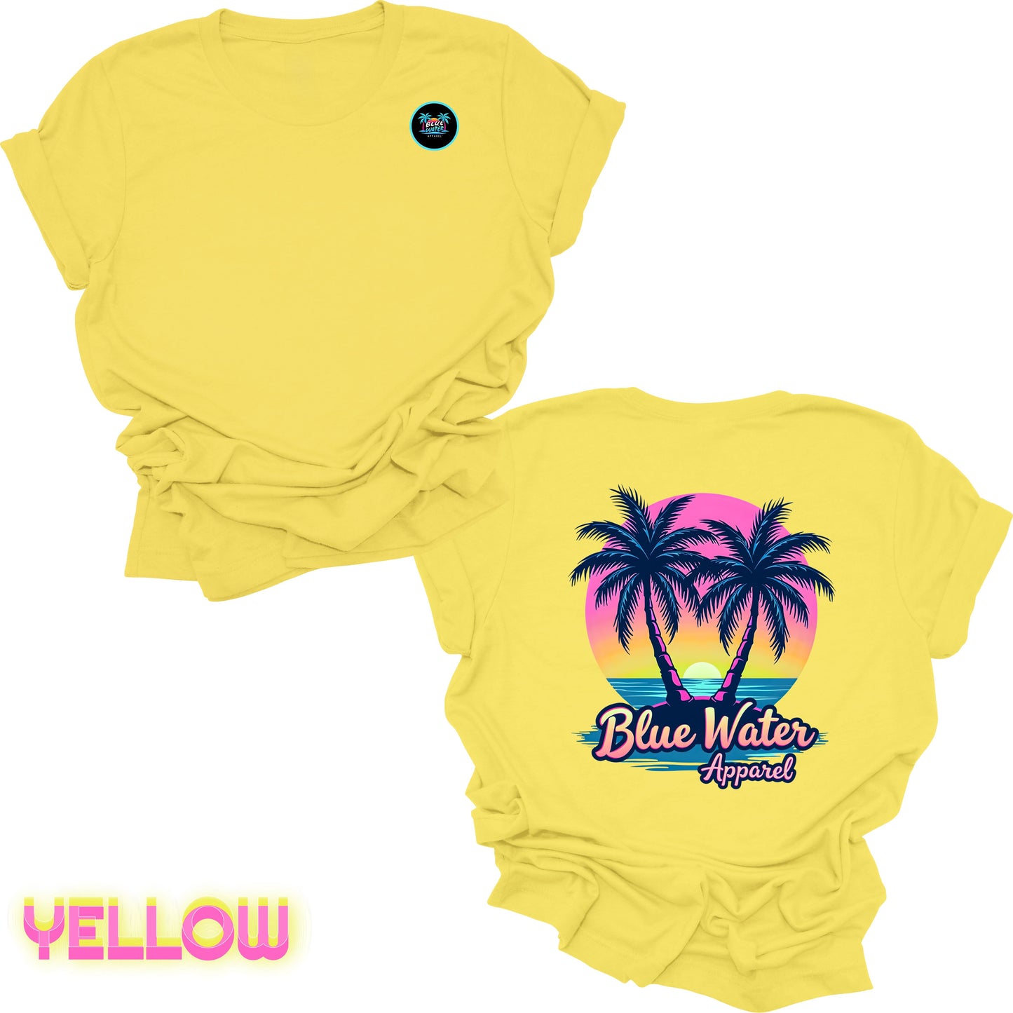 flat lay back graphic yellow neon tropics tee by blue water apparel