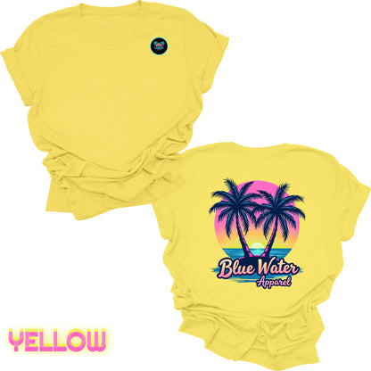 flat lay back graphic yellow neon tropics tee by blue water apparel