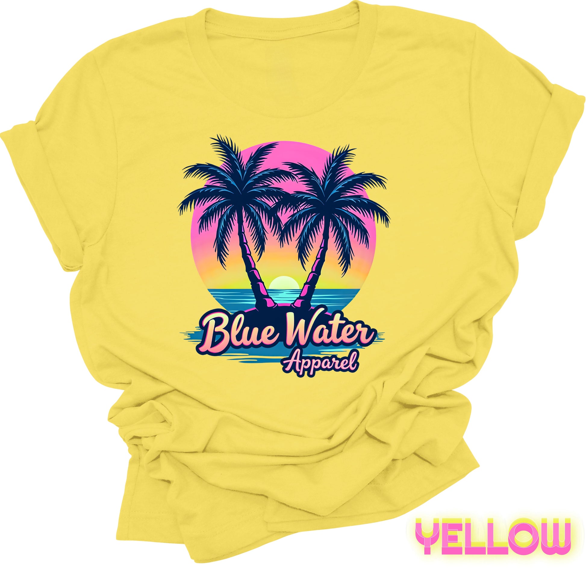 flat lay front graphic yellow neon tropics tee by blue water apparel