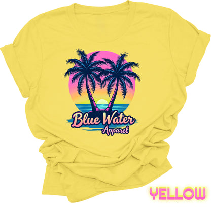flat lay front graphic yellow neon tropics tee by blue water apparel