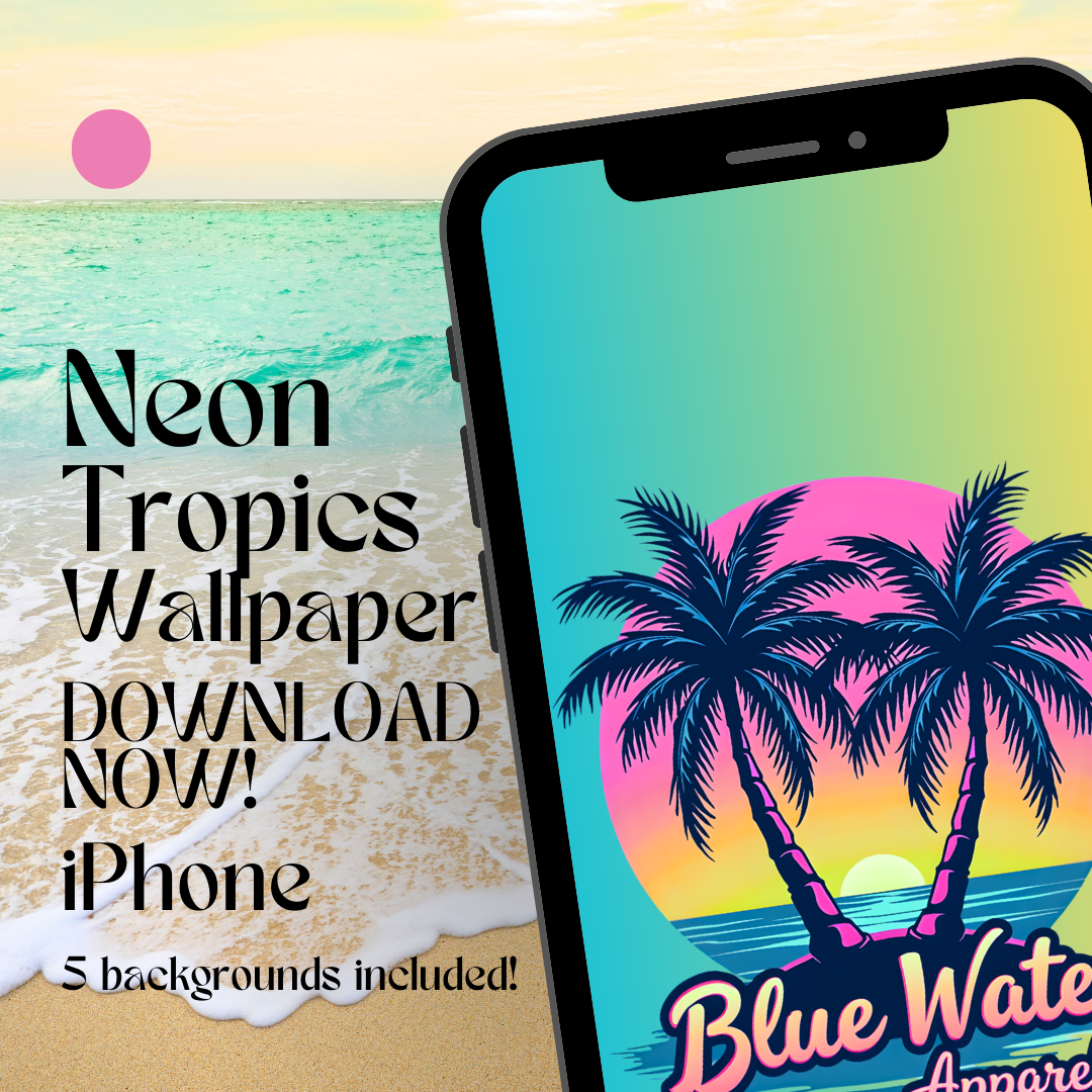 Neon Tropics mockup with beach background iphone wallpaper by blue water apparel