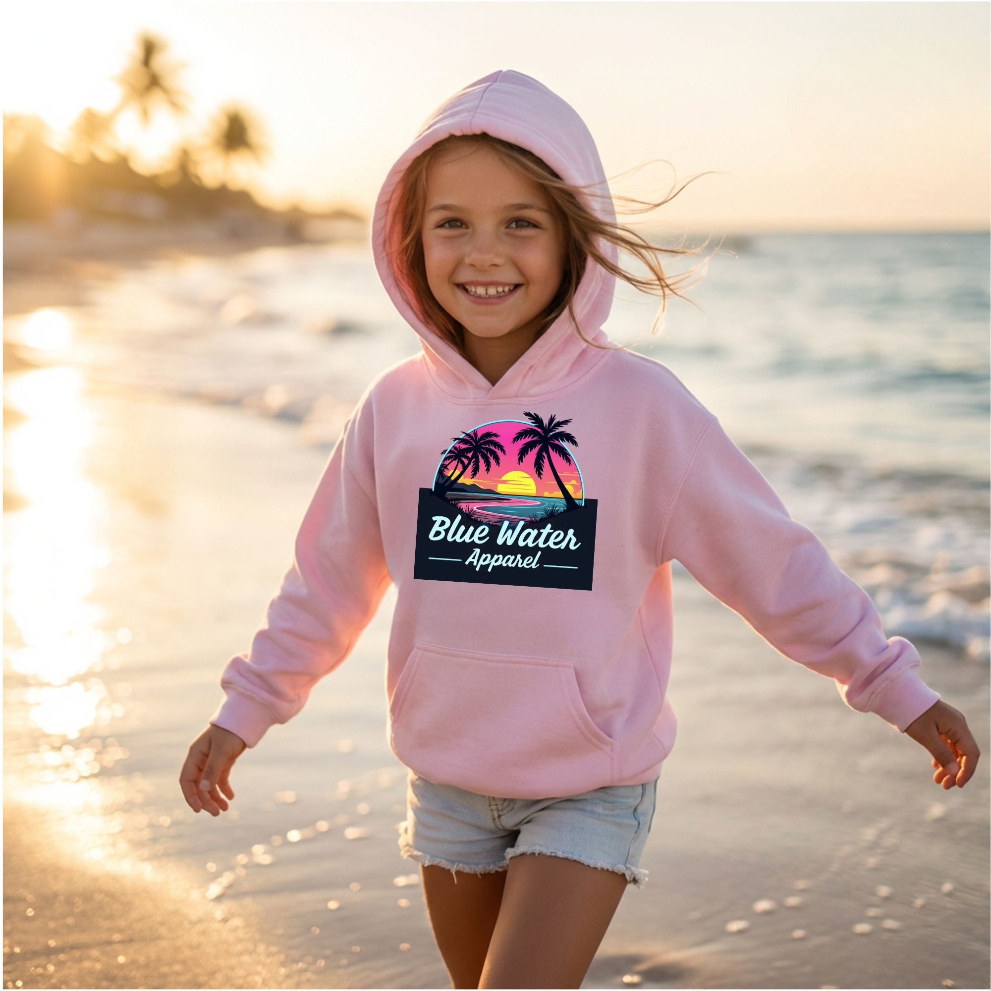 child wearing light pink neon sunset kids hoodie walking on beach by blue water apparel