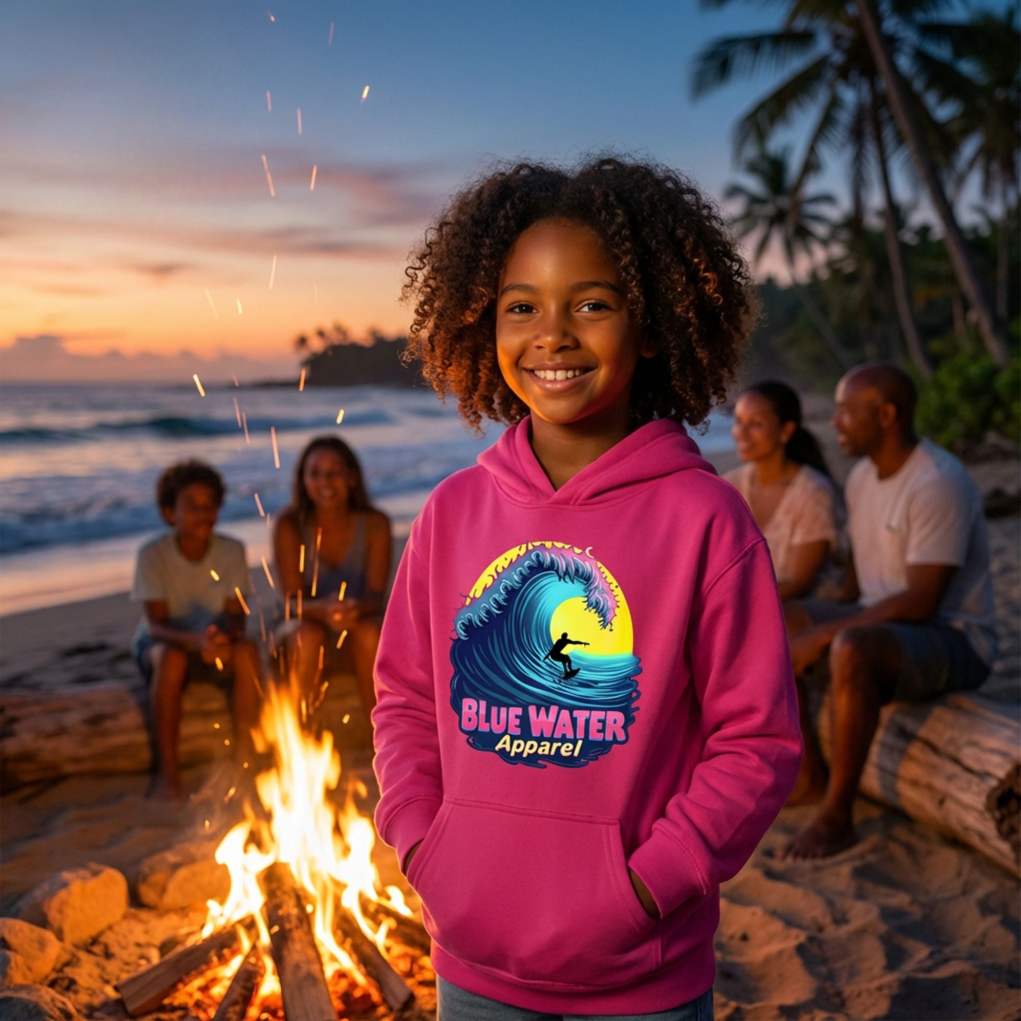 kid wearing heliconia neon surfer kids hoodie by bonfire with family by blue water apparel