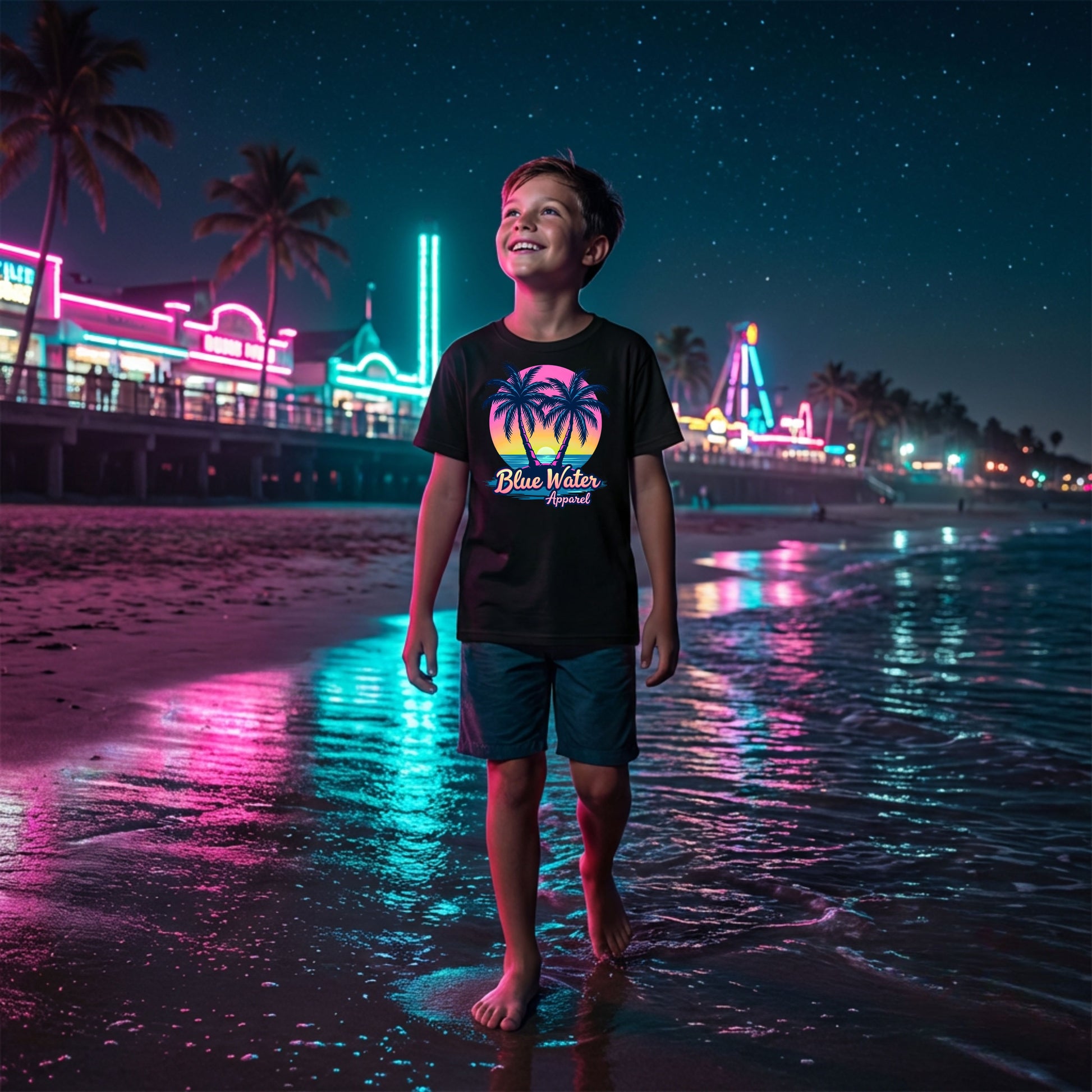 child wearing black neon tropics kids tee walking on neon lit boardwalk beach by blue water apparel