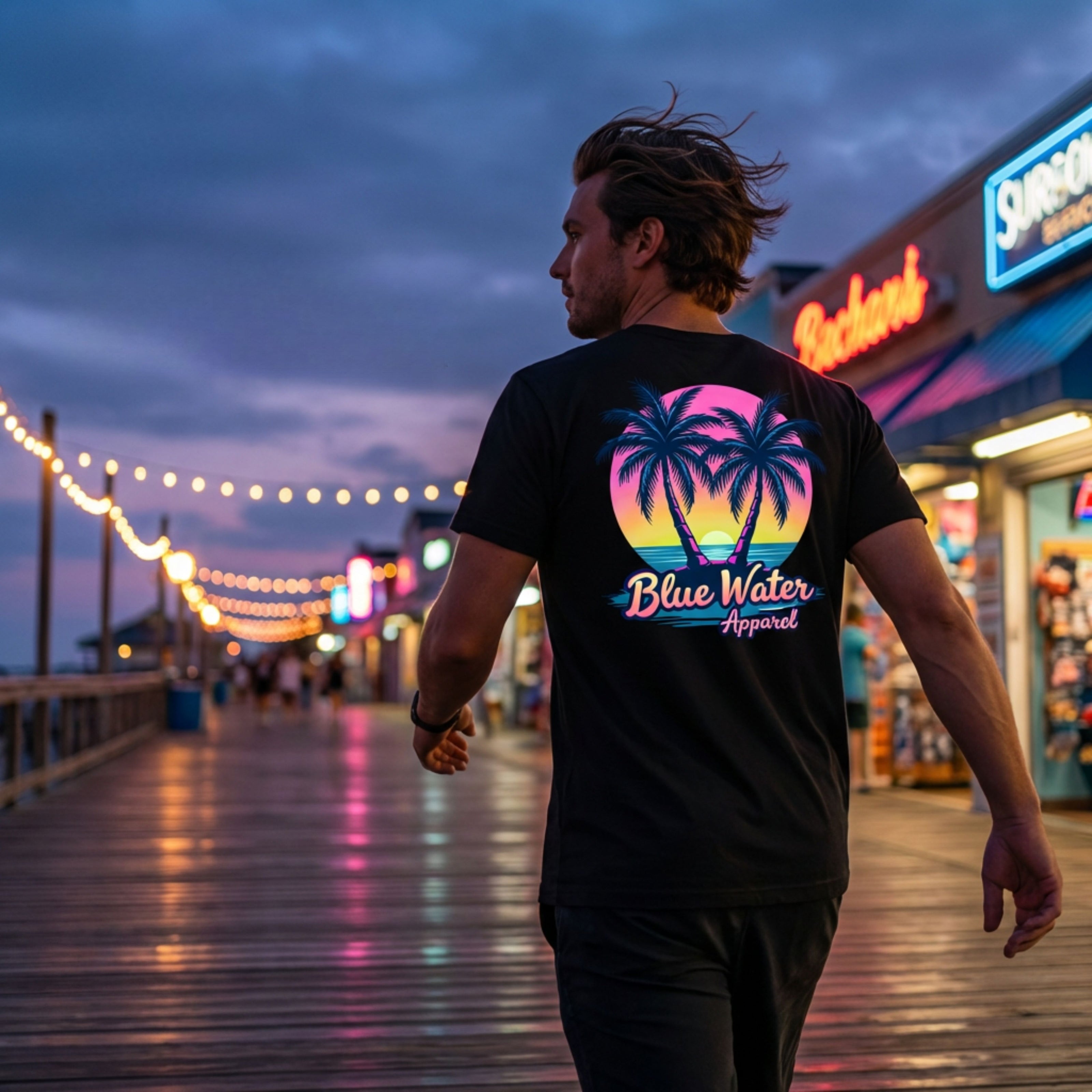 man wearing black neon tropics tee walking down night time boardwalk by blue water apparel