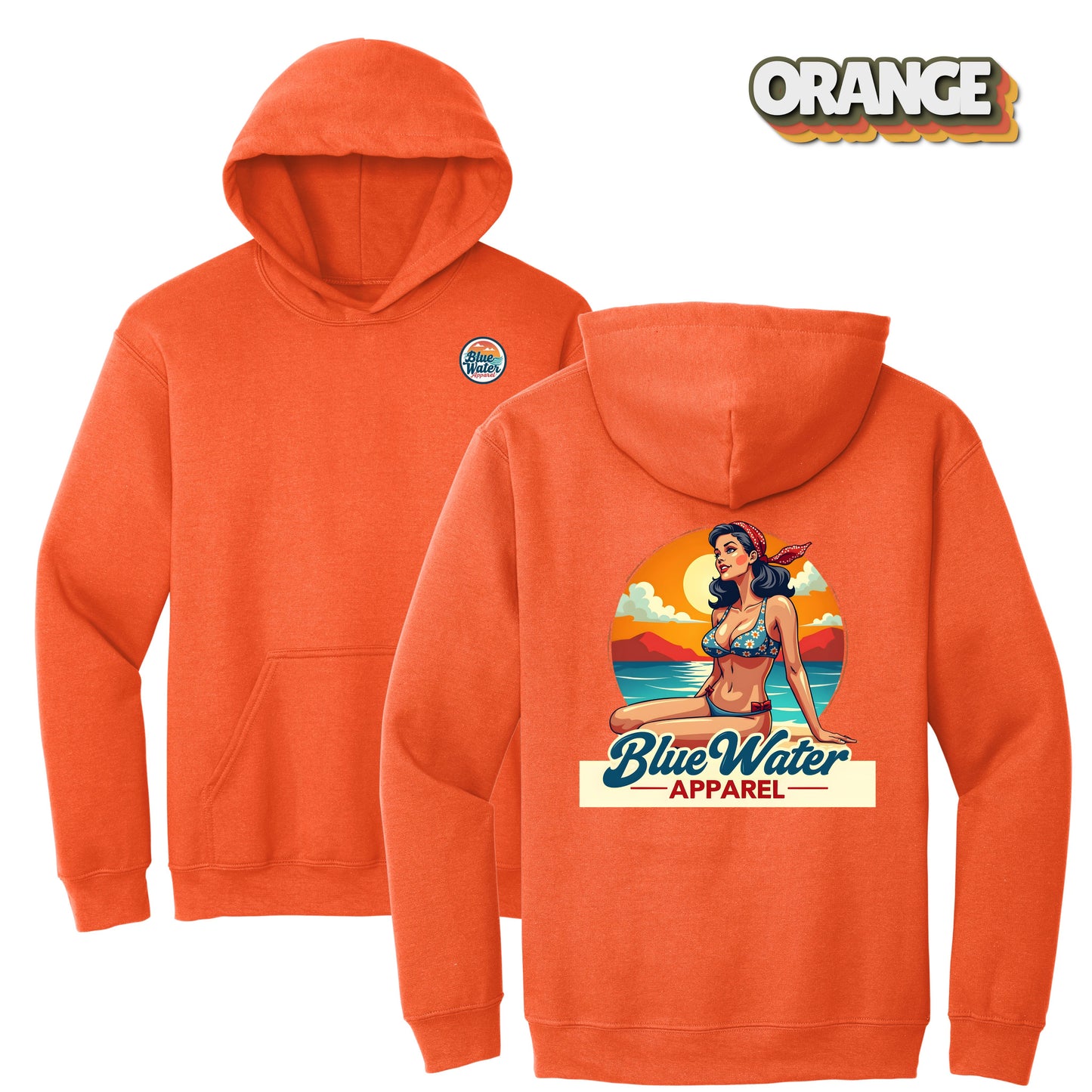 flat lay orange vintage pin up hoodie by blue water apparel