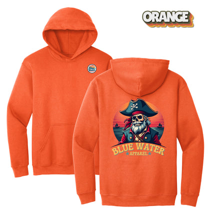 flat lay orange vintage pirate hoodie by blue water apparel