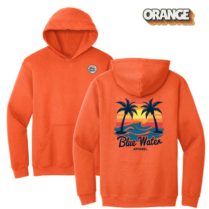 flat lay orange vintage sunset hoodie by blue water apparel
