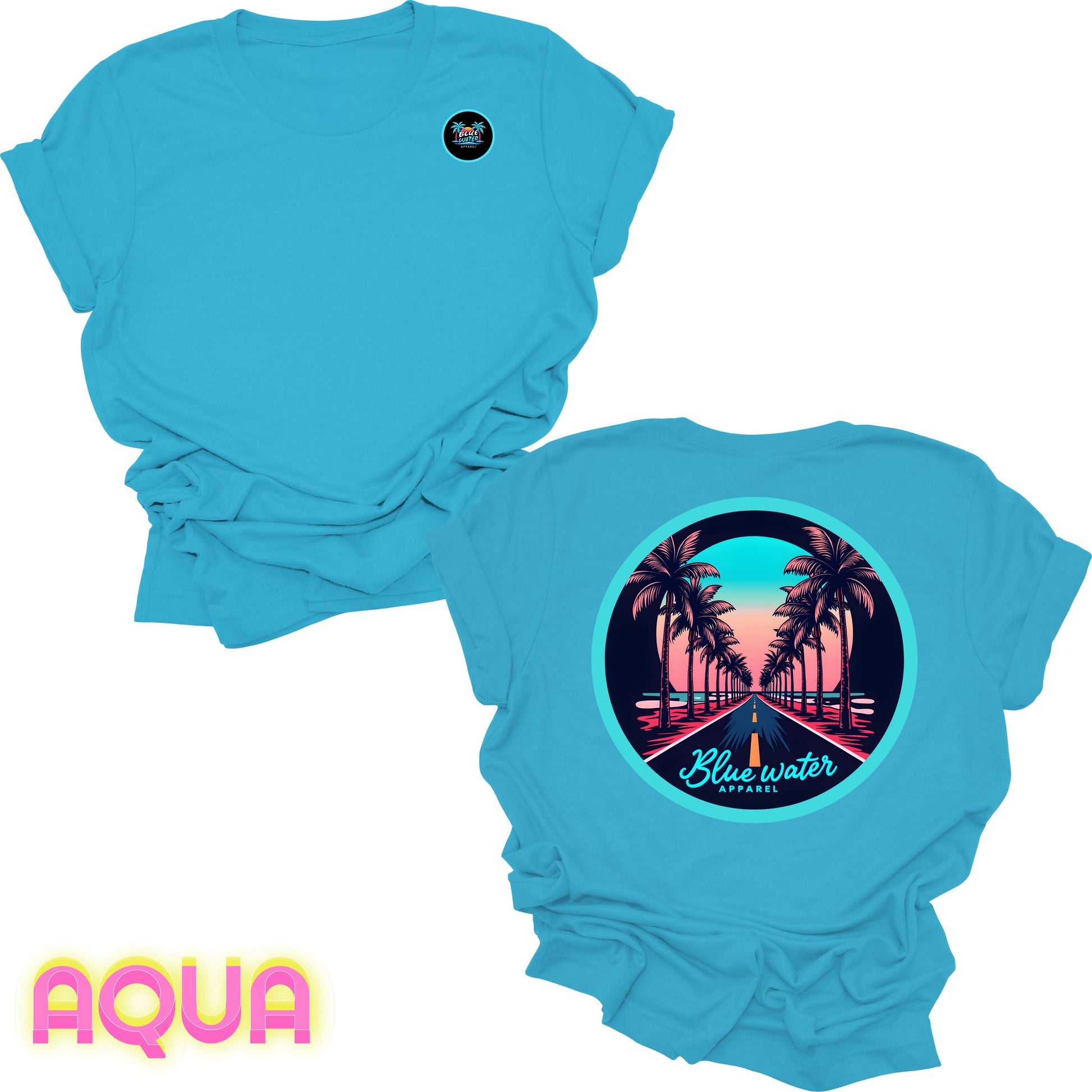 flat lay back graphic aqua palm tree road tee by blue water apparel