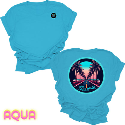 flat lay back graphic aqua palm tree road tee by blue water apparel