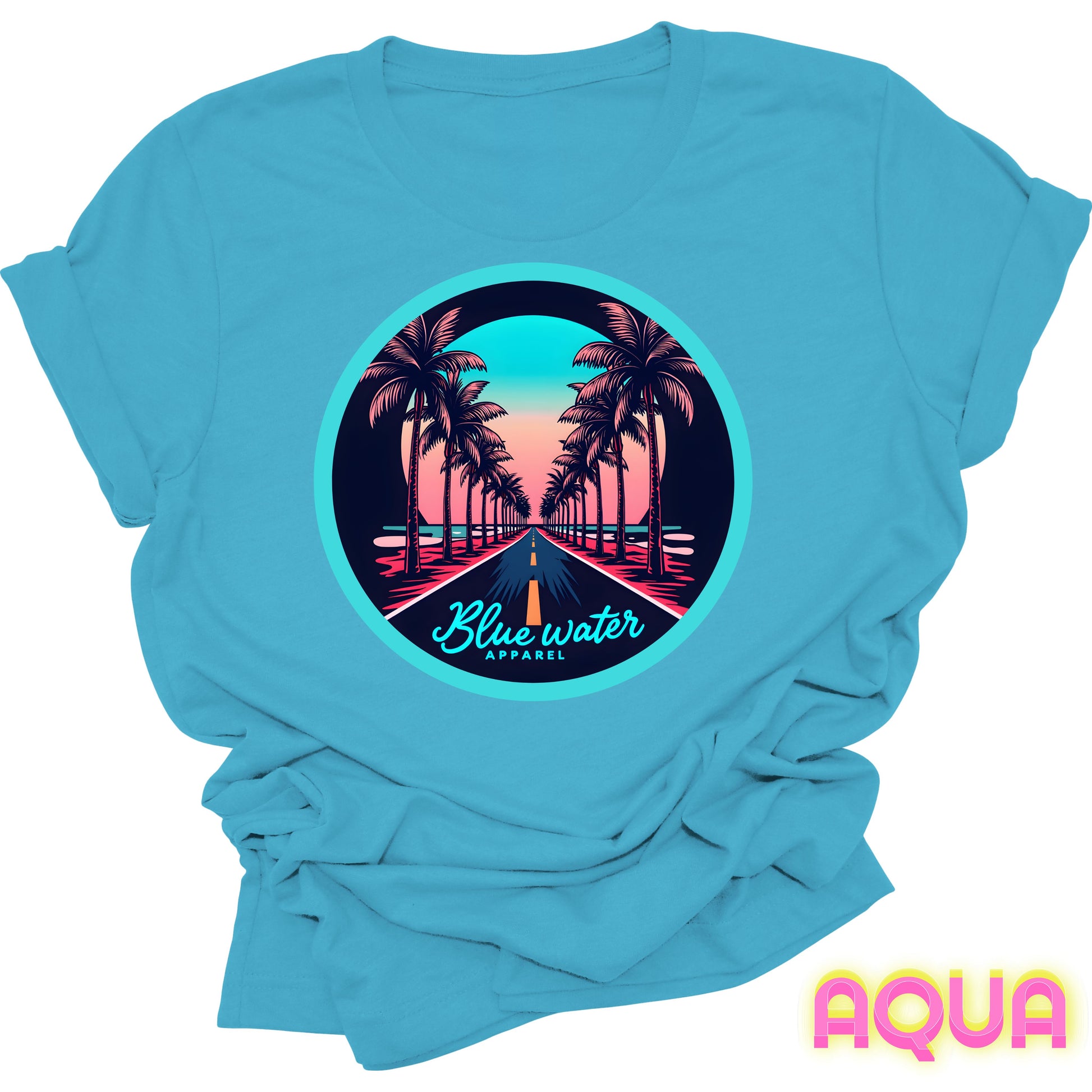 flat lay front graphic aqua palm tree road tee by blue water apparel