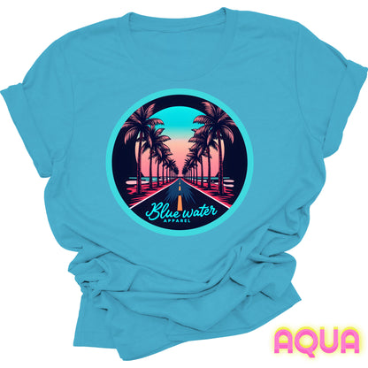 flat lay front graphic aqua palm tree road tee by blue water apparel