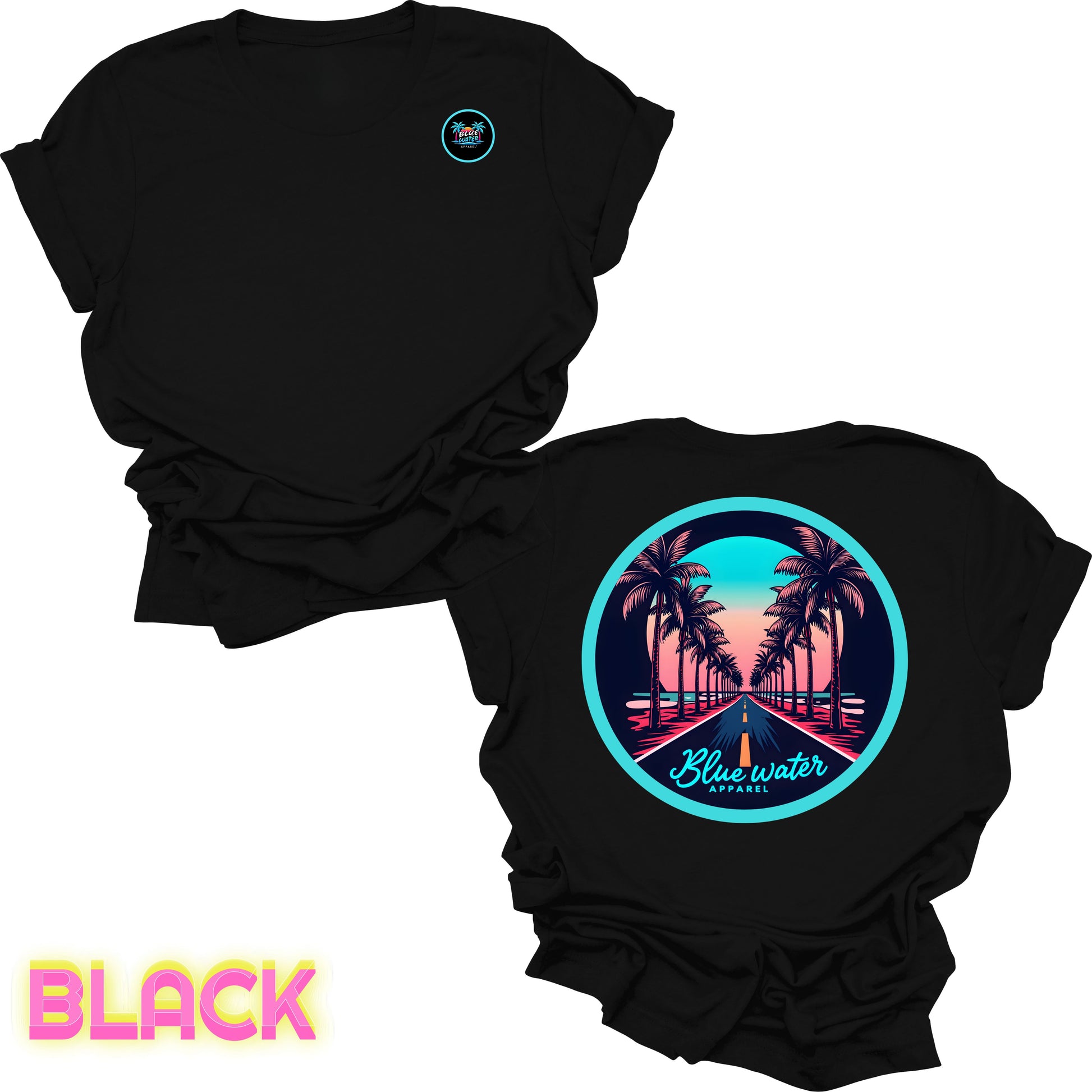 flat lay back graphic black palm tree road tee by blue water apparel
