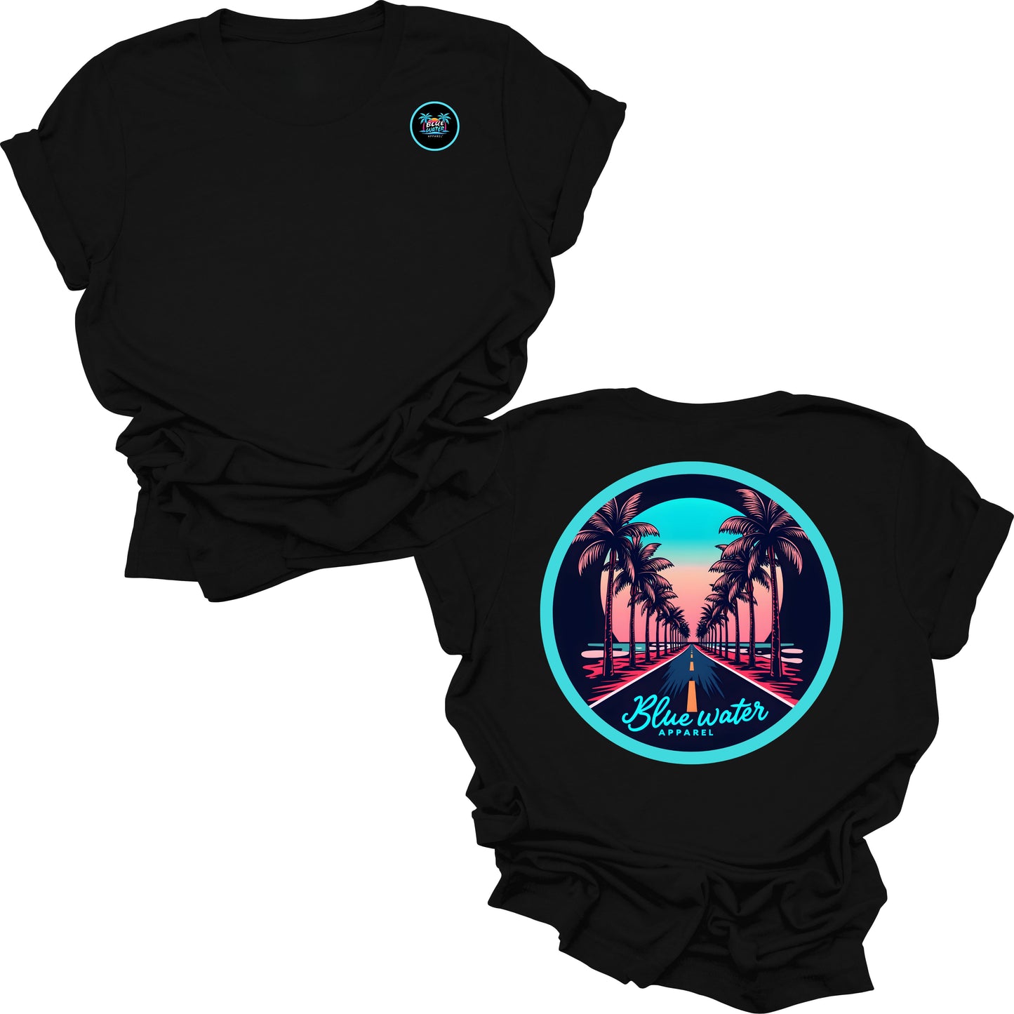 flat lay black palm tree road tee by blue water apparel