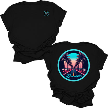 flat lay black palm tree road tee by blue water apparel