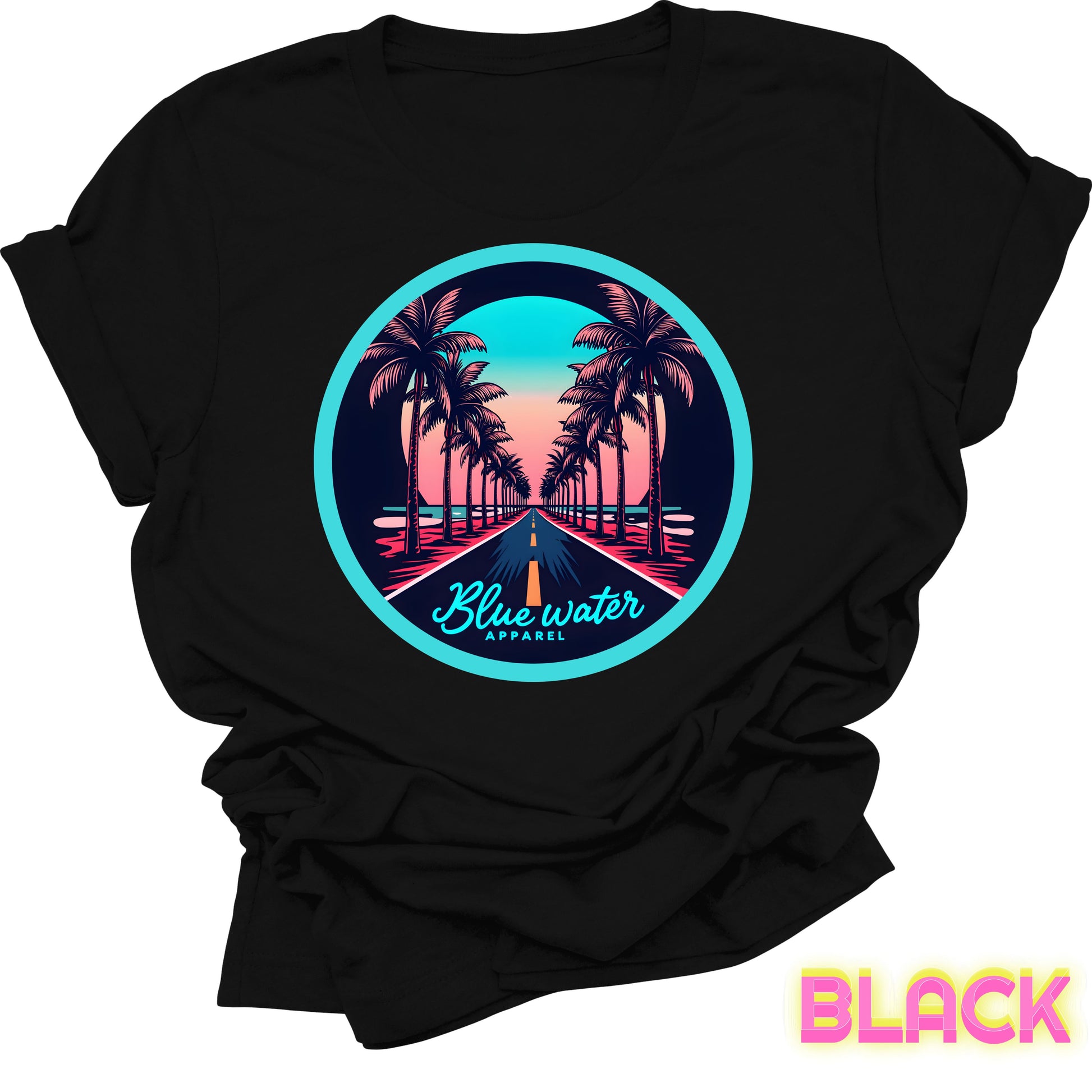 flat lay front graphic black palm tree road tee by blue water apparel