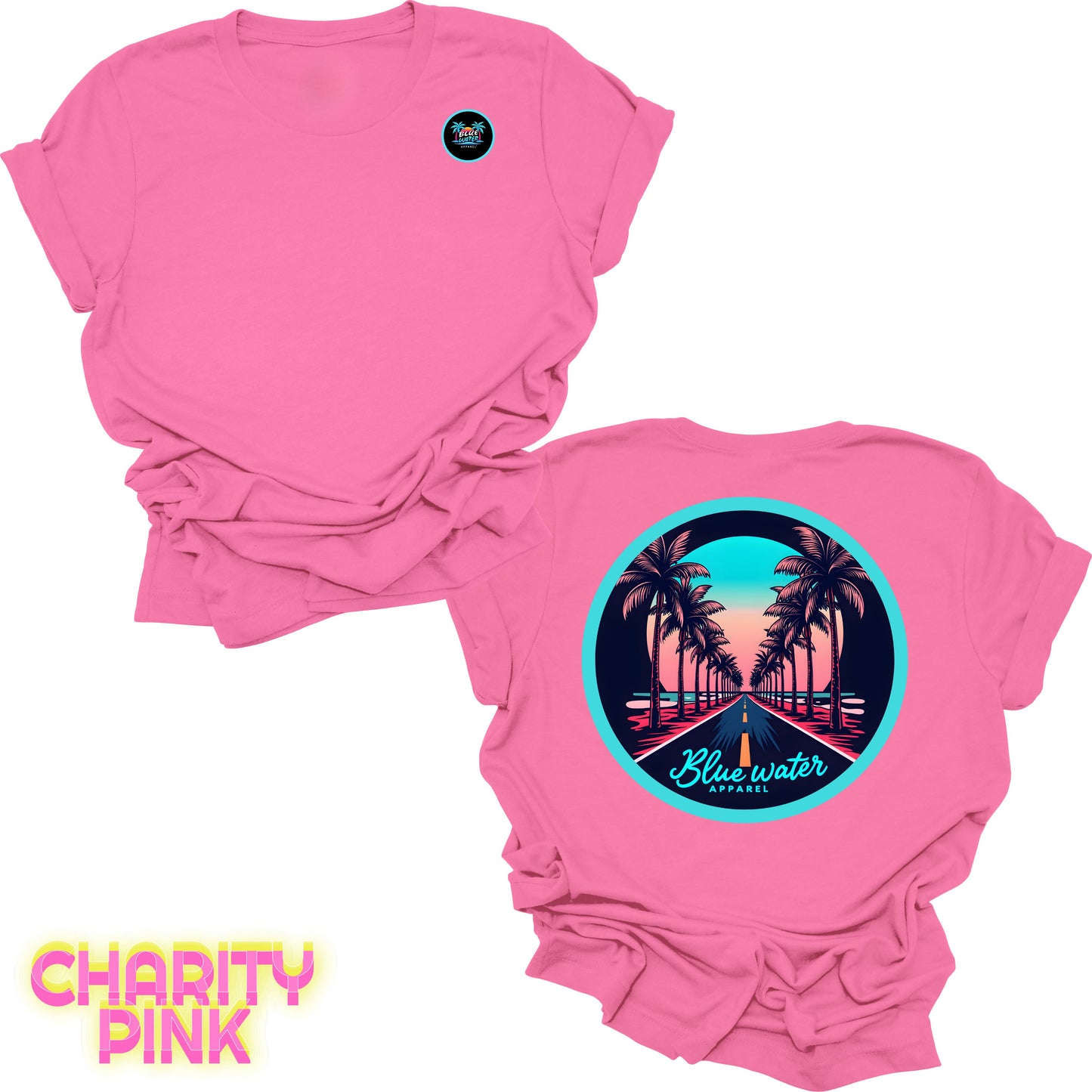 flat lay back graphic charity pink palm tree road tee by blue water apparel