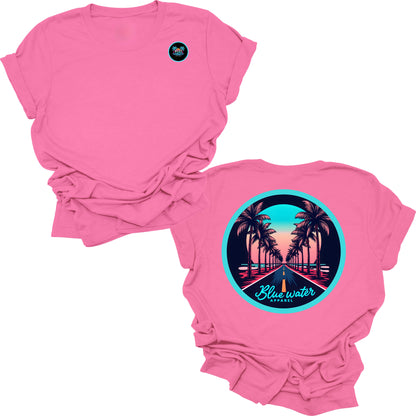 flat lay charity pink palm tree road tee by blue water apparel