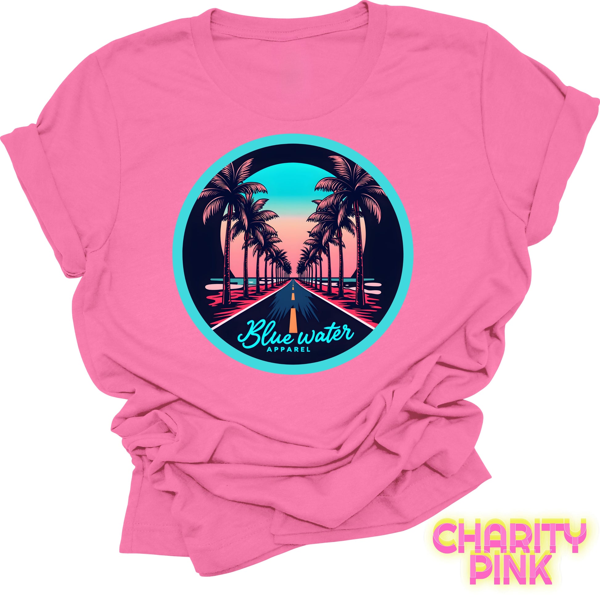 flat lay front graphic charity pink palm tree road tee by blue water apparel