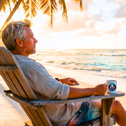 man sitting on beach chair with the palm tree road coffee mug on a bright, sunny morning by blue water apparel