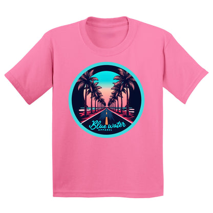 flat lay azalea palm tree road kids tee by blue water apparel
