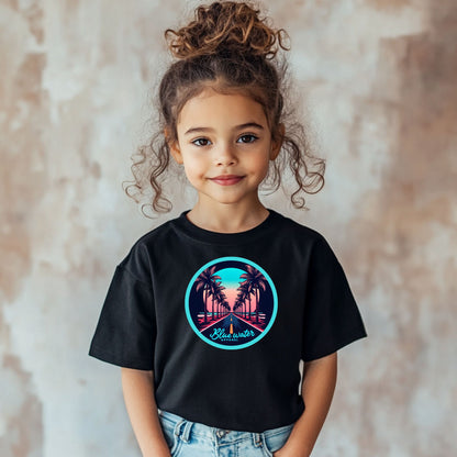 female child model wearing black palm tree road tee by blue water apparel