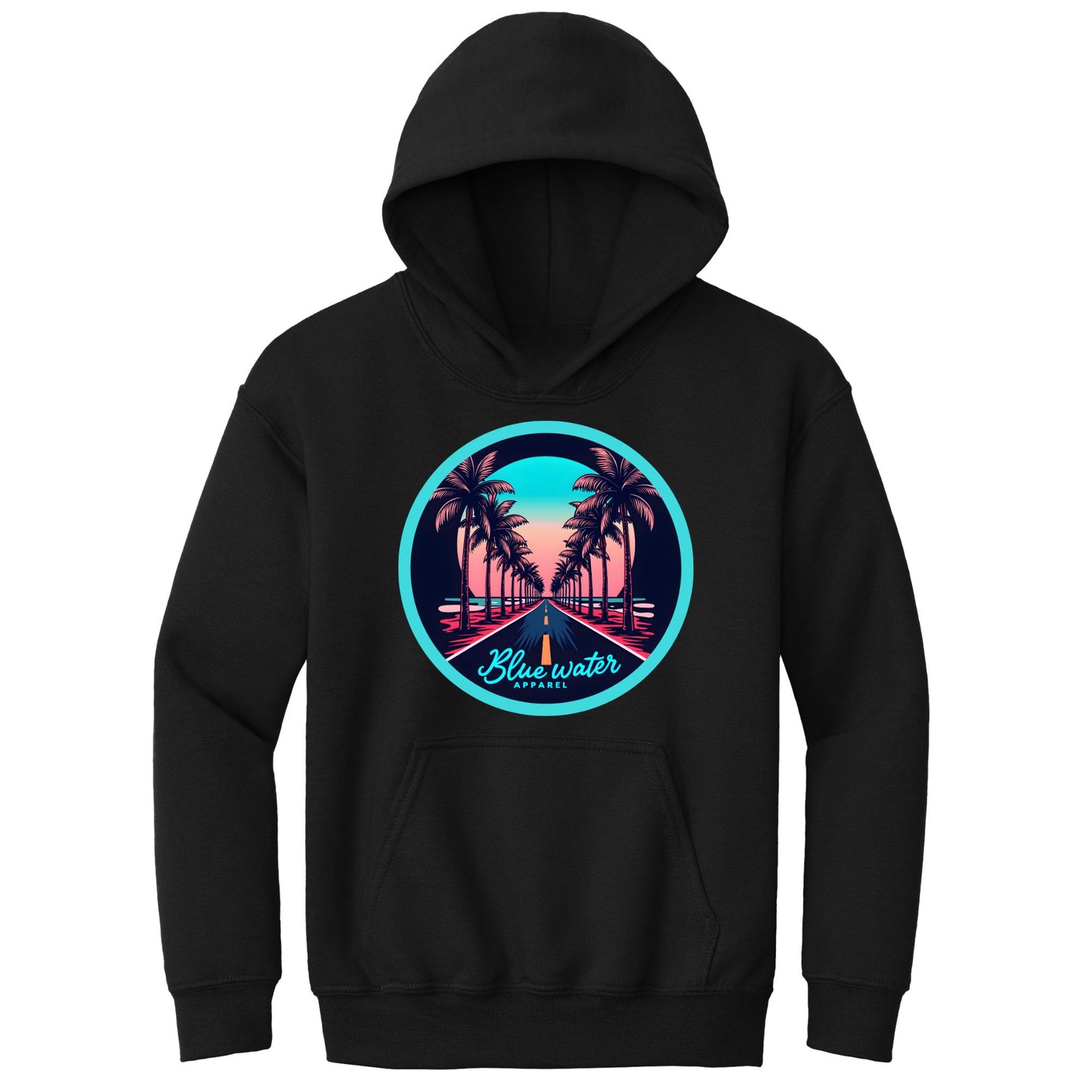 flat lay black palm tree road kids hoodie by blue water apparel