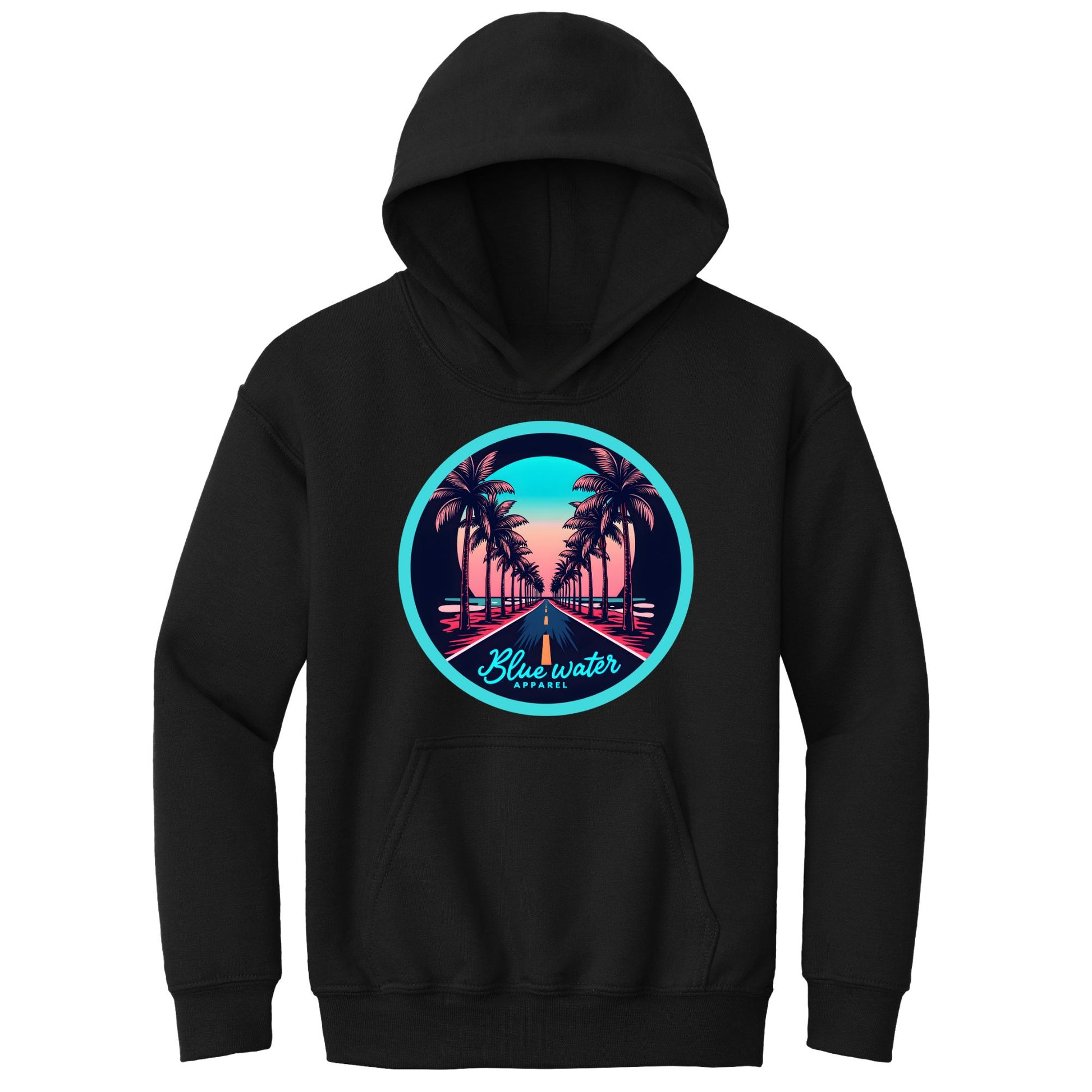 flat lay black palm tree road kids hoodie by blue water apparel