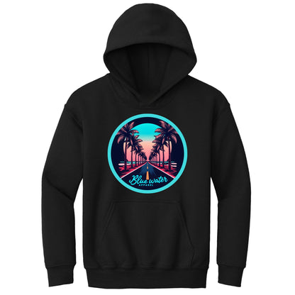 flat lay black palm tree road kids hoodie by blue water apparel