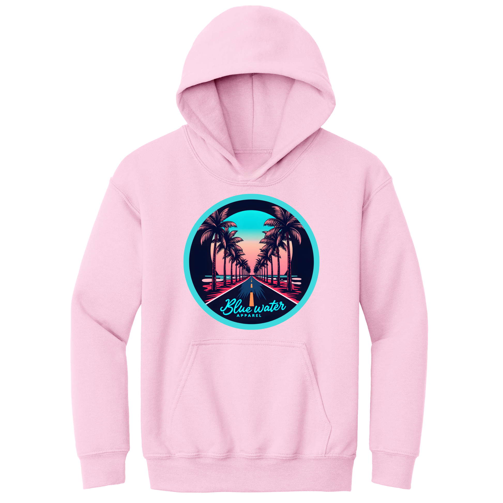 flat lay light pink palm tree road kids hoodie by blue water apparel