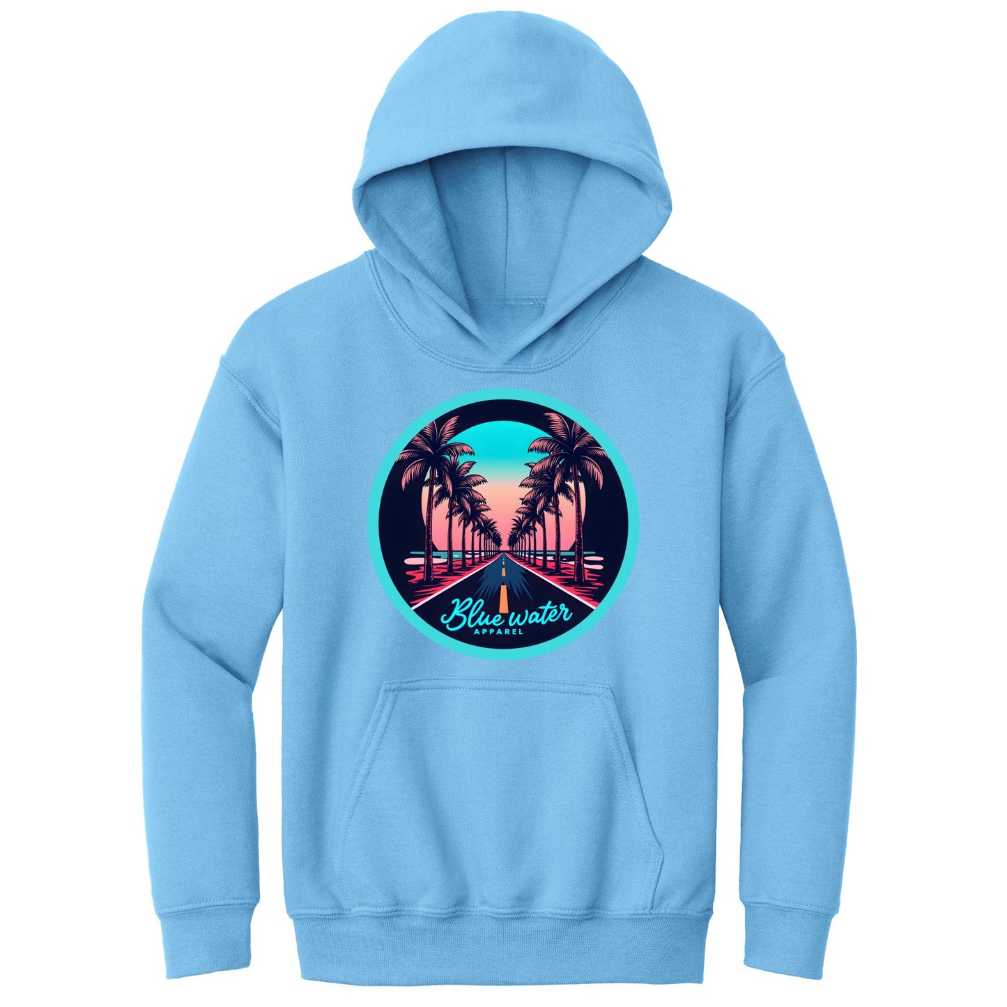 flat lay carolina blue palm tree road kids hoodie by blue water apparel