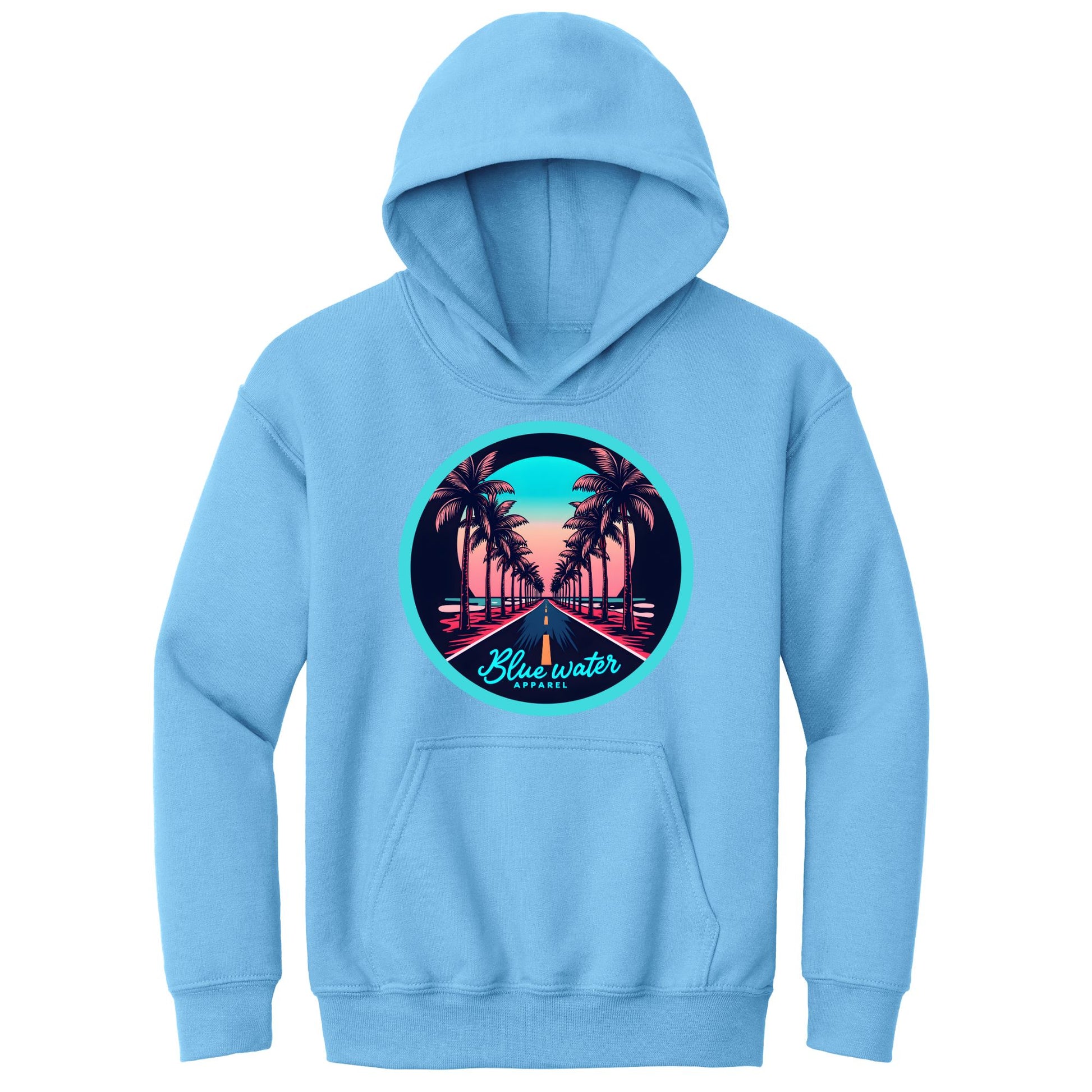 flat lay carolina blue palm tree road kids hoodie by blue water apparel