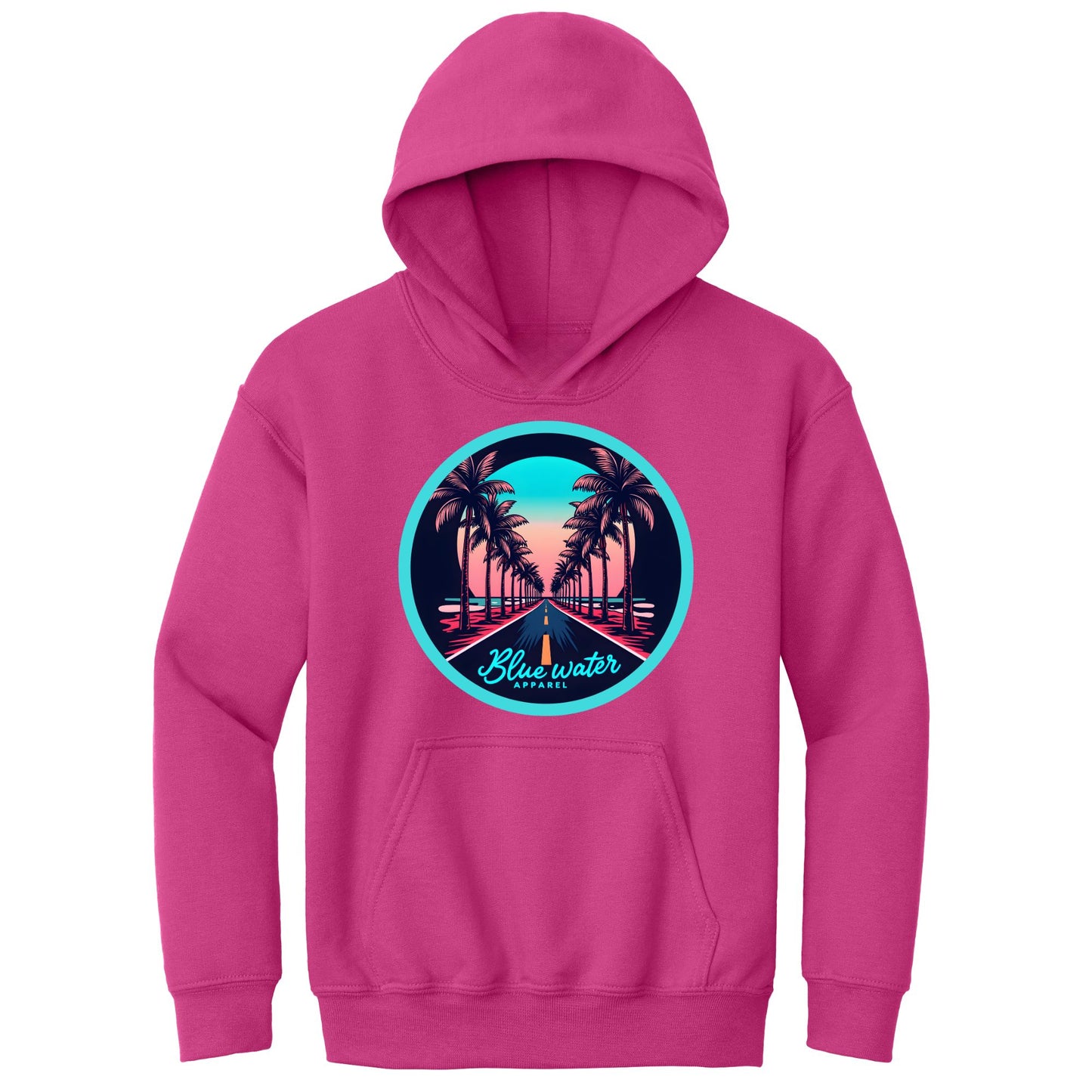 flat lay heliconia palm tree road kids hoodie by blue water apparel