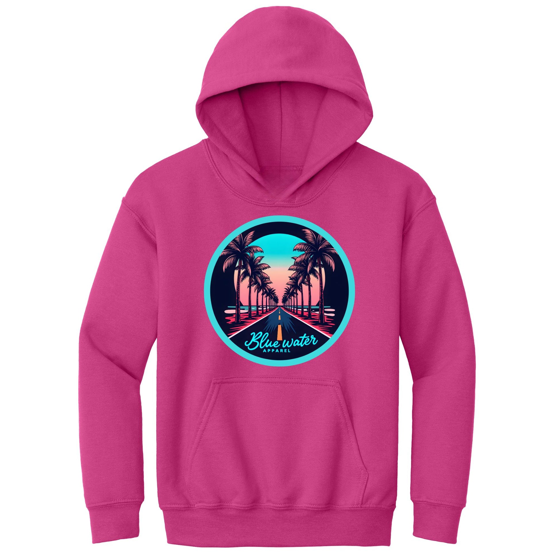 flat lay heliconia palm tree road kids hoodie by blue water apparel