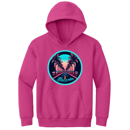 flat lay heliconia palm tree road kids hoodie by blue water apparel
