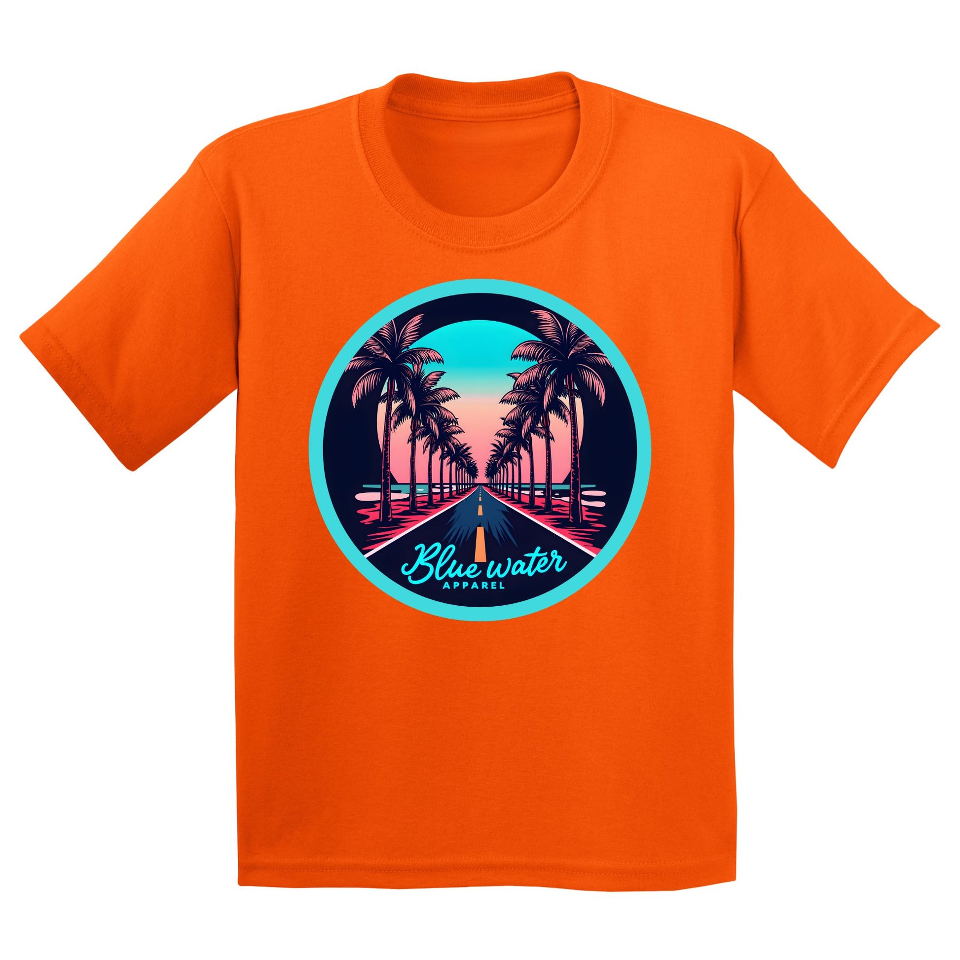 flat lay orange palm tree road kids tee by blue water apparel
