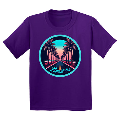 flat lay purple palm tree road kids tee by blue water apparel