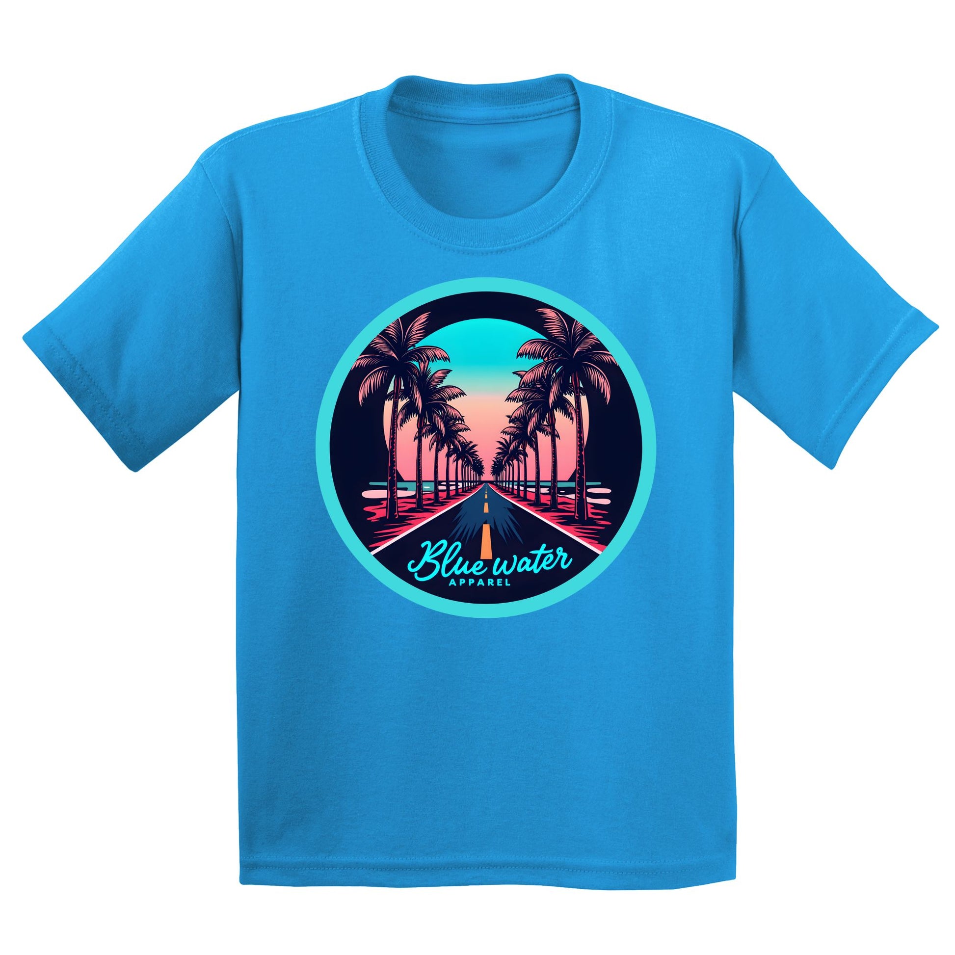 flat lay sapphire palm tree road kids tee by blue water apparel