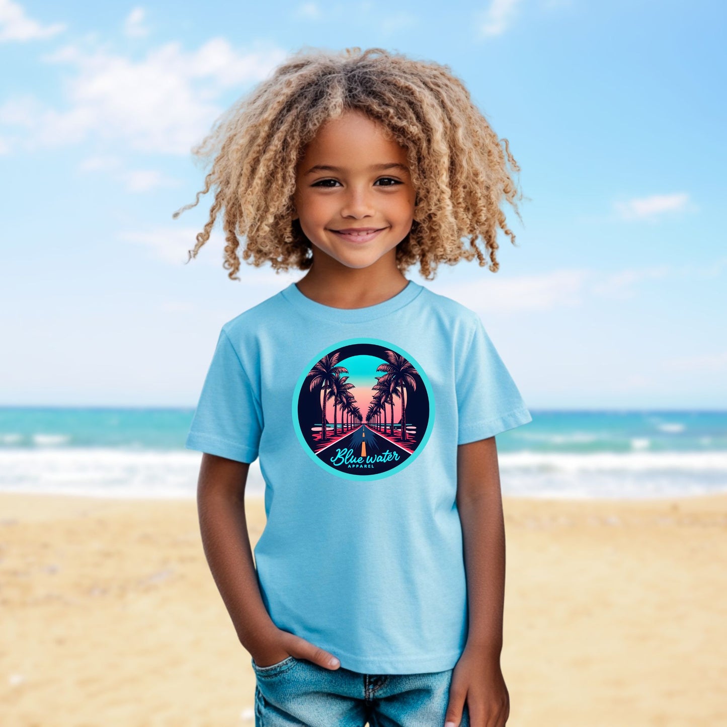 model on beach wearing sky palm tree road tee by blue water apparel