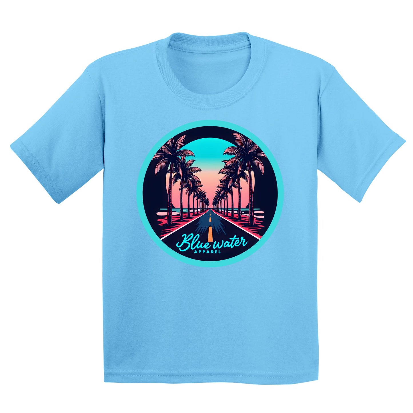 flat lay sky palm tree road kids tee by blue water apparel